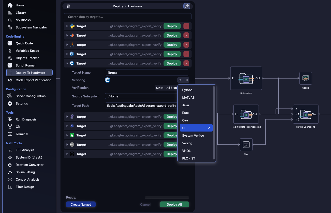 A deploy target's Scripting list open, showing all ten export languages