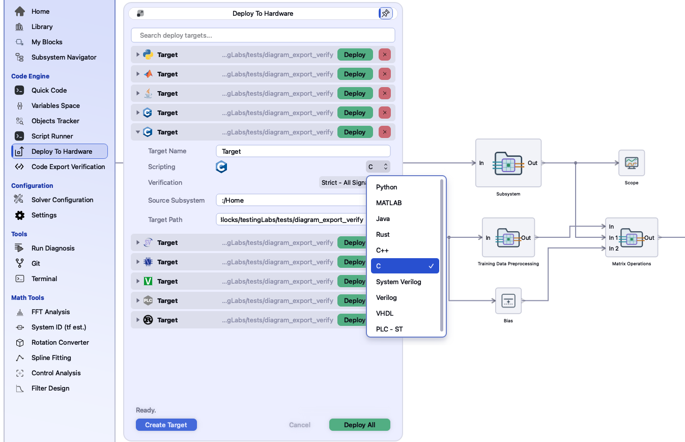 A deploy target's Scripting list open, showing all ten export languages