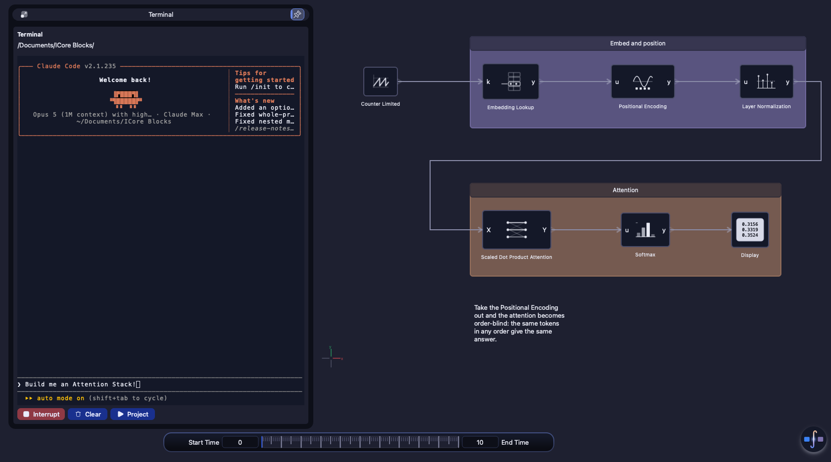 A coding agent running in the app's Terminal panel, beside the attention stack it built on the canvas