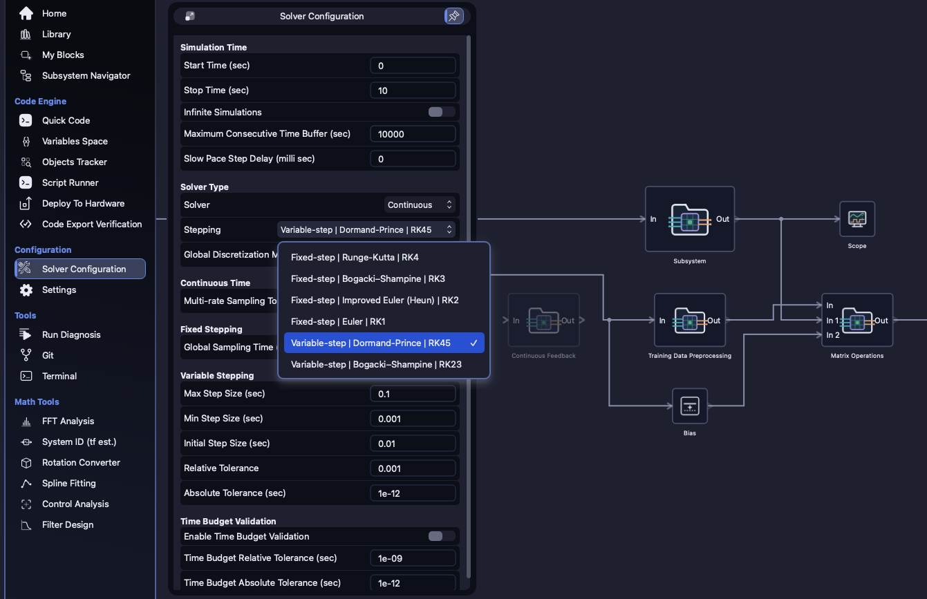 The Model Configuration panel showing solver type, stepping method and step sizes