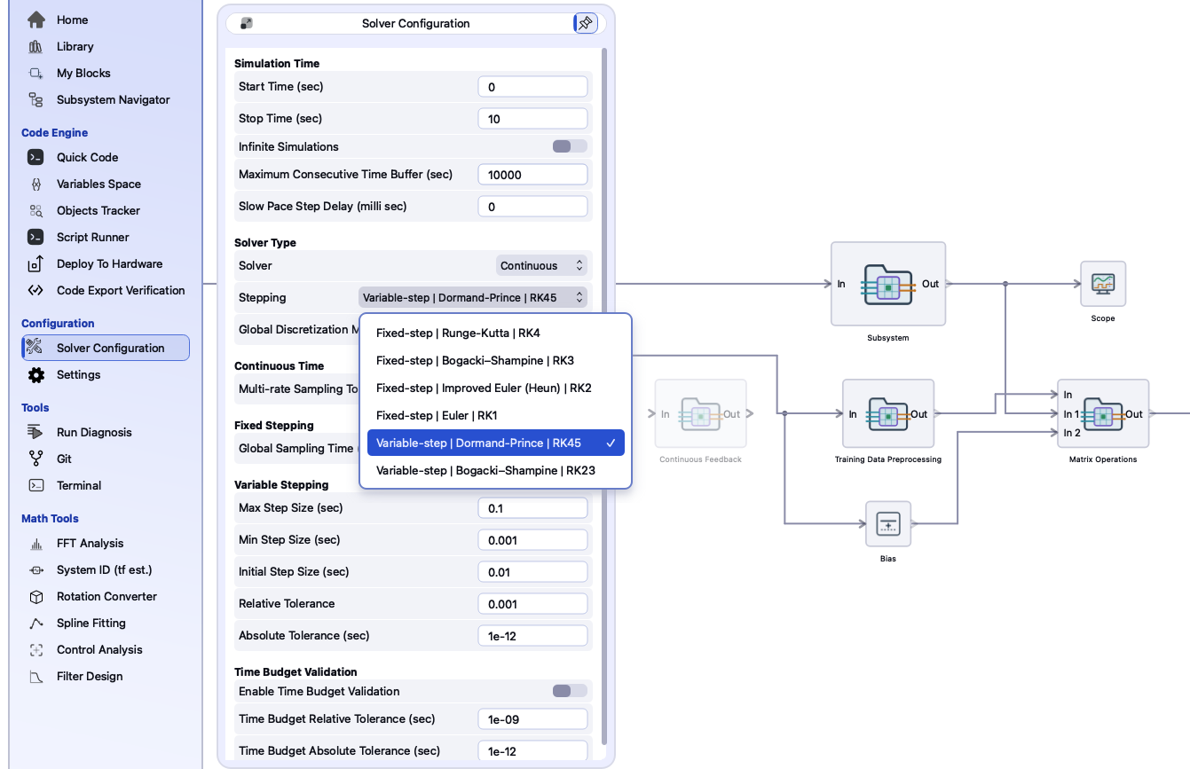 The Model Configuration panel showing solver type, stepping method and step sizes