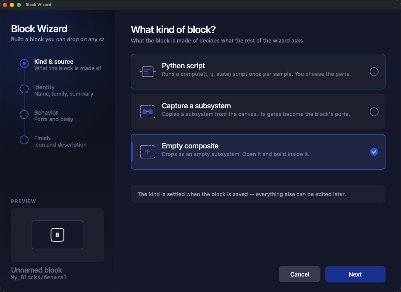 The Block Wizard asking what kind of block to build, with a live preview