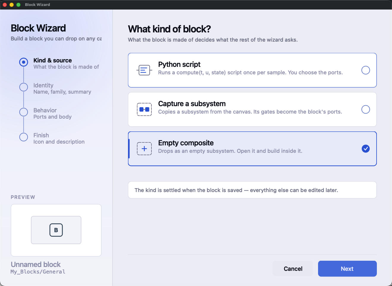 The Block Wizard asking what kind of block to build, with a live preview